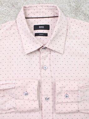 BOSS Hugo Boss Roy Shirt Mens Small Pink Geometric Slim Fit Leggiuno Long Sleeve